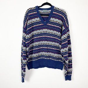Vintage Descente Men's Sz XL 3D Knit Striped Grandpa Style Navy Maroon Sweater‎